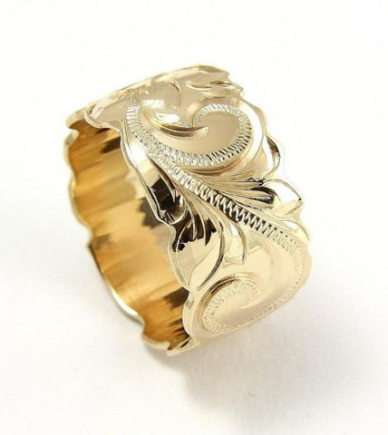 14K YELLOW GOLD HAND ENGRAVED HAWAIIAN PLUMERIA SCROLL BAND RING CUT OUT 10MM