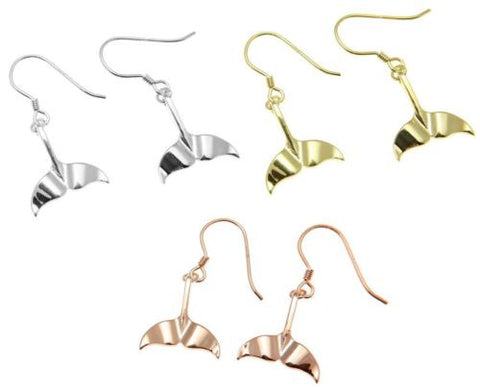 YELLOW ROSE GOLD PLATED RHODIUM SILVER 925 HAWAIIAN WHALE TAIL HOOK EARRINGS