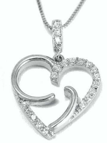 SOLID 14K WHITE GOLD SPARKLY CLEAR CZ FANCY SHINY HEART PENDANT 14.3MM