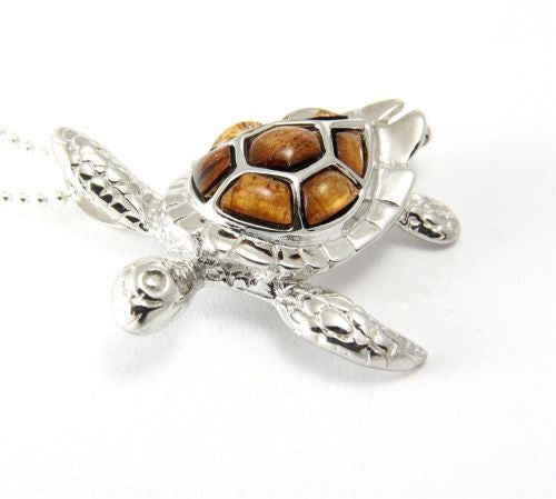 Genuine Hawaiian Koa Wood Sea Turtle Pendant – 925 Sterling Silver Slide, 23mm, Handmade