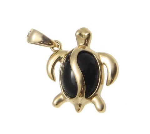 GENUINE NATURAL BLACK CORAL PENDANT HAWAIIAN HONU TURTLE SOLID 14K YELLOW GOLD