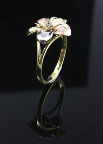 SOLID 14K TRICOLOR GOLD 15MM  HAWAIIAN SINGLE FANCY PLUMERIA FLOWER RING