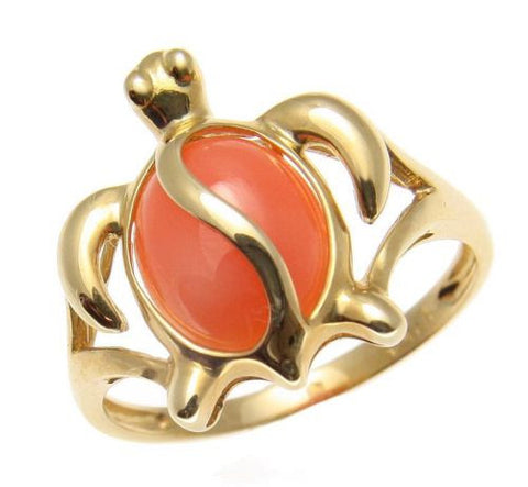 GENUINE NATURAL PINK CORAL RING HAWAIIAN HONU TURTLE SOLID 14K YELLOW GOLD