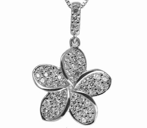 SOLID 14K WHITE GOLD SPARKLY BLING CZ HAWAIIAN PLUMERIA FLOWER PENDANT 13.5MM