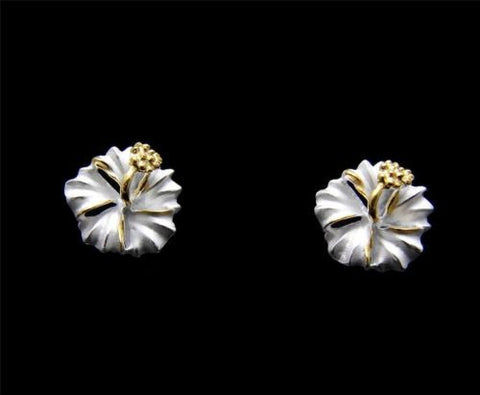 YELLOW GOLD PLATED 2 TONE SILVER 925 HAWAIIAN HIBISCUS STUD EARRINGS 6MM -15MM