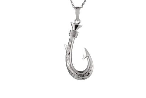 STERLING SILVER 925 HAWAIIAN SCOLL 2 SIDED 3D FISH HOOK PENDANT RHODIUM 17MM