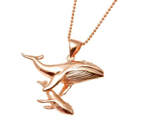 YELLOW ROSE GOLD PLATED SILVER 925 HAWAIIAN HUMPBACK WHALE MOTHER BABY PENDANT