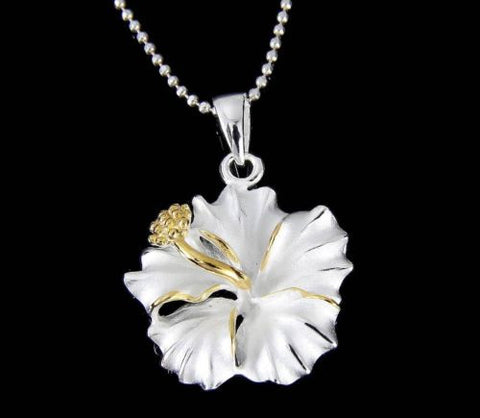 YELLOW GOLD PLATED 2TONE SILVER 925 HAWAIIAN HIBISCUS FLOWER PENDANT 12MM - 25MM