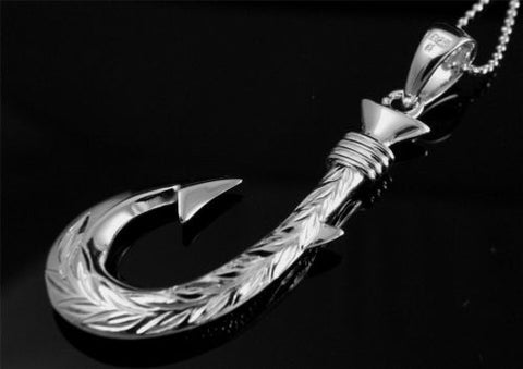 STERLING SILVER 925 HAWAIIAN SCOLL 2 SIDED 3D FISH HOOK PENDANT RHODIUM 17MM