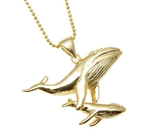 YELLOW ROSE GOLD PLATED SILVER 925 HAWAIIAN HUMPBACK WHALE MOTHER BABY PENDANT