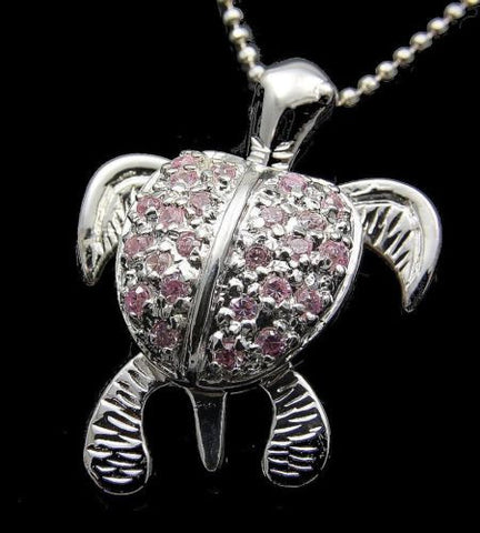 STERLING SILVER 925 HAWAIIAN 3D MOVING SEA TURTLE PENDANT PINK CZ 18.70MM