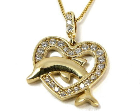 SOLID 14K YELLOW GOLD SPARKLY HAWAIIAN SHINY DOLPHIN CZ HEART PENDANT 15MM