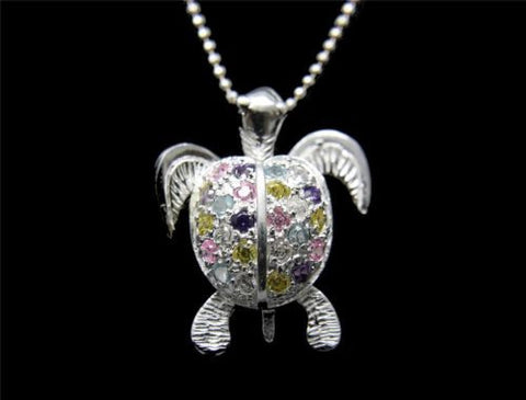 STERLING SILVER 925 HAWAIIAN 3D MOVING SEA TURTLE PENDANT MULTI COLOR CZ 18.70MM