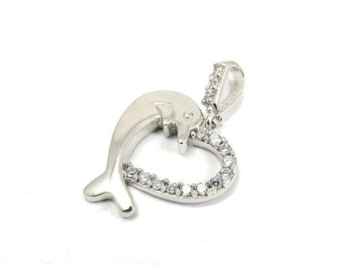 SOLID 14K WHITE GOLD SPARKLY HAWAIIAN SHINY DOLPHIN CZ HEART PENDANT 14.7MM