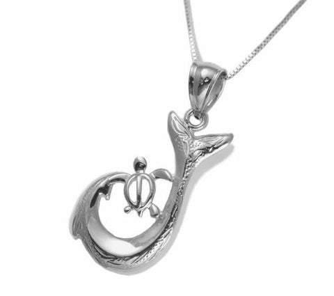 SOLID 14K WHITE GOLD HAWAIIAN SCROLL FISH HOOK HONU TURTLE PENDANT