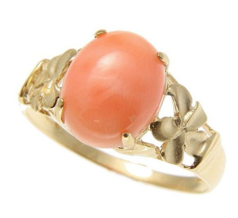 GENUINE NATURAL PINK CORAL RING HAWAIIAN PLUMERIA FLOWER SOLID 14K YELLOW GOLD