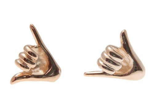 ROSE GOLD PLATED 925 SILVER HAWAIIAN SHAKA HANG LOOSE STUD POST EARRINGS