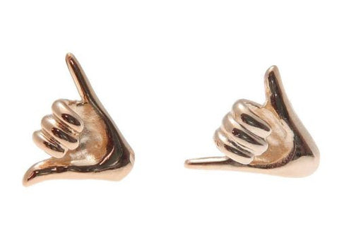 ROSE GOLD PLATED 925 SILVER HAWAIIAN SHAKA HANG LOOSE STUD POST EARRINGS