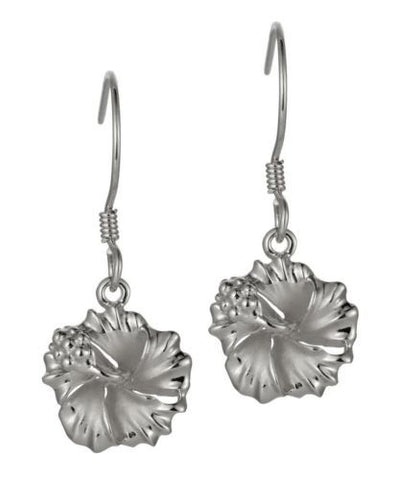 SILVER 925 HAWAIIAN FANCY HIBISCUS FLOWER EARRINGS WIRE HOOK RHODIUM 10MM -15MM