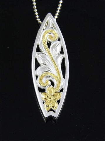 SILVER 925 YELLOW GOLD PLATED HAWAIIAN CUT OUT PLUMERIA SCROLL SURFBOARD PENDANT