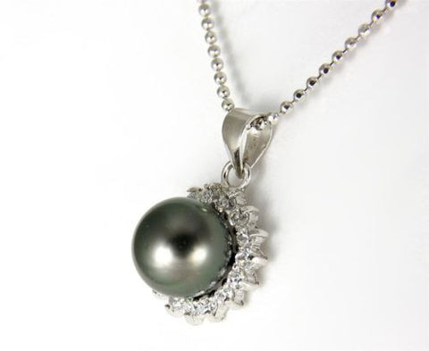 8.65MM GENUINE TAHITIAN PEARL PENDANT SOLID 925 SILVER CZ (18" CHAIN INCLUDED)