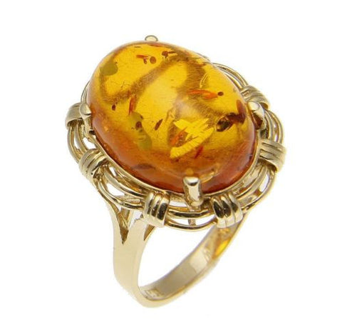 11.86MMX15.88MM GENUINE THICK OVAL CABUCHON AMBER RING SOLID 14K YELLOW GOLD