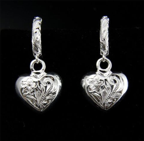 SILVER 925 HAWAIIAN PLUMERIA SCROLL HOOP DANGLE THICK SOLID HEART EARRINGS HEAVY