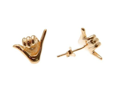 ROSE GOLD PLATED 925 SILVER HAWAIIAN SHAKA HANG LOOSE STUD POST EARRINGS