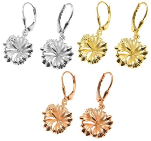 YELLOW ROSE GOLD PLATED SILVER 925 HAWAIIAN HIBISCUS LEVERBACK EARRINGS 15MM