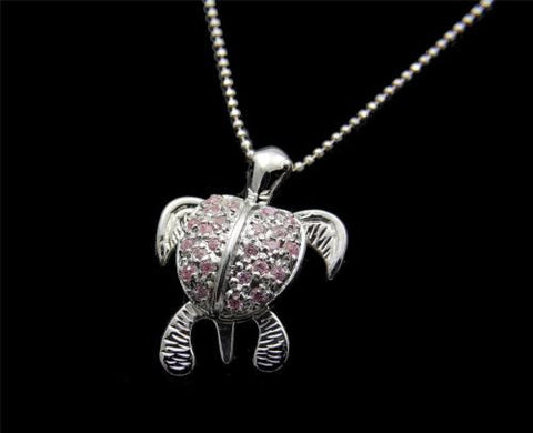 STERLING SILVER 925 HAWAIIAN 3D MOVING SEA TURTLE PENDANT PINK CZ 18.70MM