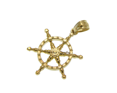 SOLID 14K YELLOW GOLD 2 SIDED DIAMOND CUT SHIP WHEEL CHARM PENDENT 15.65MM
