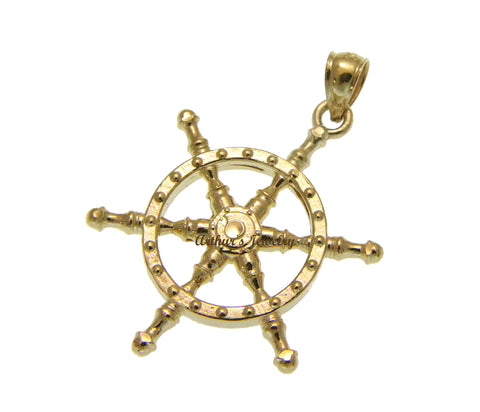 SOLID 14K YELLOW GOLD 2 SIDED DIAMOND CUT SHIP WHEEL CHARM PENDENT 23.50MM