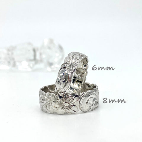 14K WHITE GOLD HAND ENGRAVED HAWAIIAN PLUMERIA SCROLL BAND RING CUT OUT 6MM