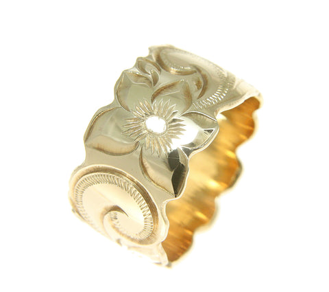 14K YELLOW GOLD HAND ENGRAVED HAWAIIAN PLUMERIA SCROLL BAND RING CUT OUT 12MM