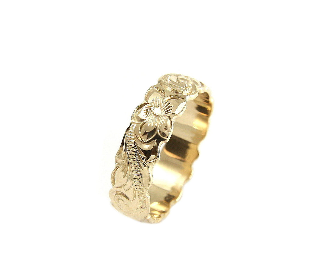 14K YELLOW GOLD HAND ENGRAVED HAWAIIAN PLUMERIA SCROLL BAND RING CUT OUT 6MM