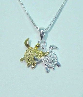 925 STERLING SILVER 2 TONE YELLOW GOLD COUPLE HAWAIIAN SEA TURTLE HONU PENDENT