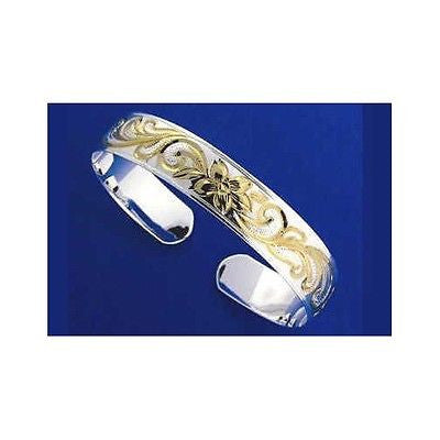 SILVER 925 HAWAIIAN CUFF BANGLE BRACELET PLUMERIA SCROLL SMOOTH EDGE 10MM 2 TONE