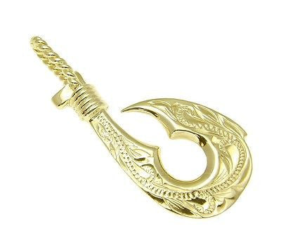 HEAVY SOLID 14K YELLOW GOLD 2 SIDED REVERSIBLE HAWAIIAN SCROLL FISH HOOK PENDANT