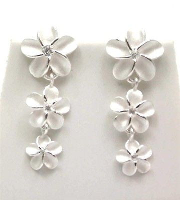 SILVER 925 HAWAIIAN 3 PLUMERIA DANGLING EARRINGS CZ