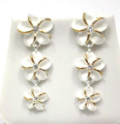 SILVER 925 HAWAIIAN 3 PLUMERIA FLOWER DANGLE EARRINGS CZ 12mm 10mm 8mm 2 TONE