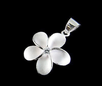 STERLING SILVER 925 HAWAIIAN SINGLE PLUMERIA FLOWER PENDANT CHARM WHITE CZ 20MM