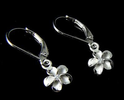 8MM STERLING SILVER 925 HAWAIIAN PLUMERIA FLOWER LEVERBACK EARRINGS RHODIUM