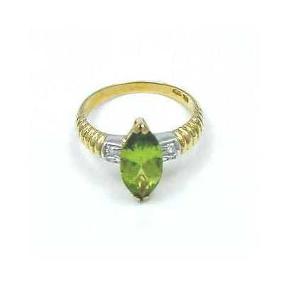 GENIUNE MARQUISE CUT PERIDOT & DIAMOND RING 18K YG