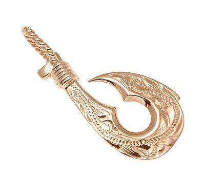 HEAVY SOLID 14K PINK ROSE GOLD REVERSIBLE HAWAIIAN SCROLL FISH HOOK PENDANT