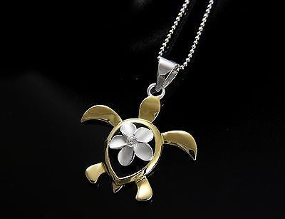 SILVER 925 HAWAIIAN PLUMERIA FLOWER YELLOW GOLD PLATED HONU TURTLE PENDANT