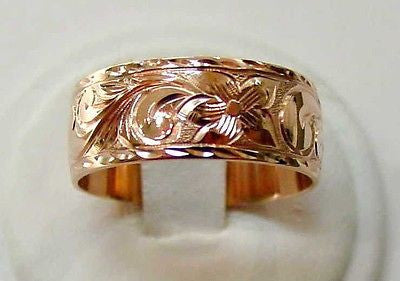 14K PINK ROSE GOLD PERSONALIZED 8MM HAWAIIAN PLUMERIA SCROLL RING RAISED LETTER