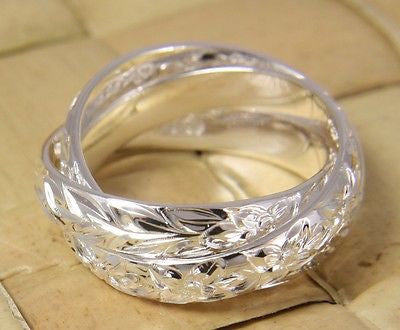 STERLING SILVER 925 3 IN 1 HAWAIIAN ENGRAVED PLUMERIA SCROLL MAILE LEAF RING