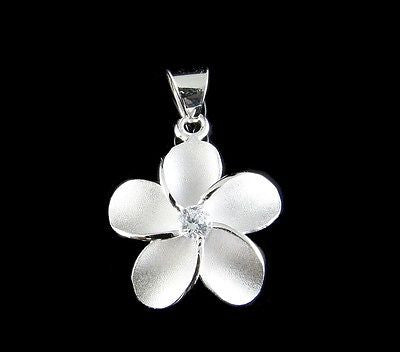 STERLING SILVER 925 HAWAIIAN SINGLE PLUMERIA FLOWER PENDANT CHARM WHITE CZ 15MM