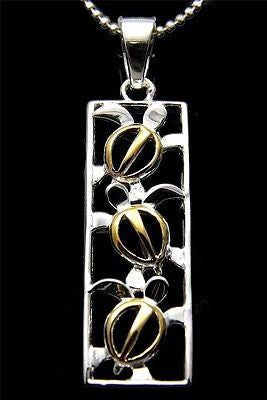 SILVER 925 HAWAIIAN 3 CUT OUT YELLOW GOLD PLATED HONU TURTLE VERTICAL PENDANT