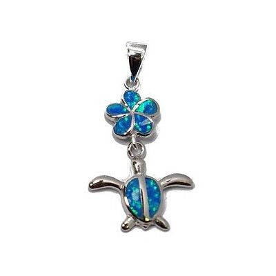 INLAY OPAL HAWAIIAN PLUMERIA FLOWER DANGLE HONU TURTLE PENDANT SILVER 925